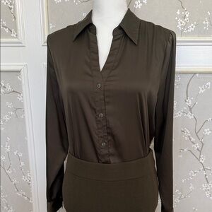 Elegant Olive Green Women's Skirt suit. Sheer top and separate ribbed skirt.